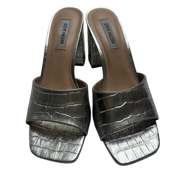 Steve Madden Silver Alaya Heeled Metallic Mules Size 9.5 CrocEmbossed Leather - Picture 3 of 9